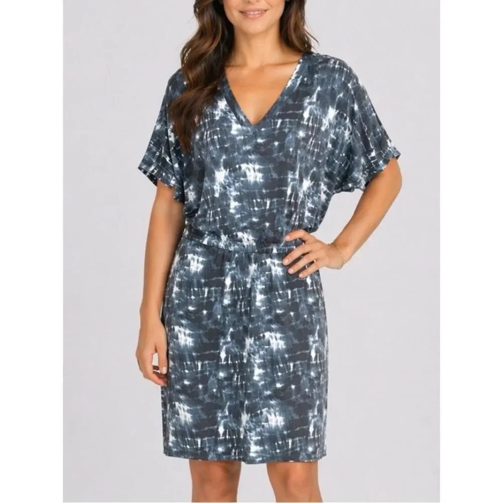 Banana Republic Factory Navy Blue White Tie-Dye V-Neck Tshirt Dress M